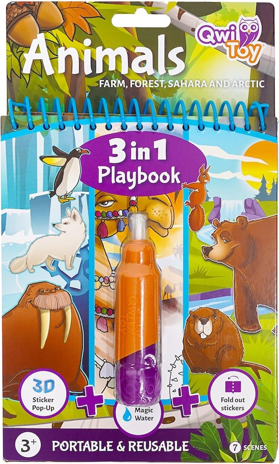 Qwi Toy "Animals" 3-in-1 Playbook für Kinder ab 3 Jahren mit magischem Wasserstift, Ausklapp-Stickern und 3D-Pop-Up-Stickern zum Thema Bauernhof, Wald, Sahara und Arktis. 58347556274560