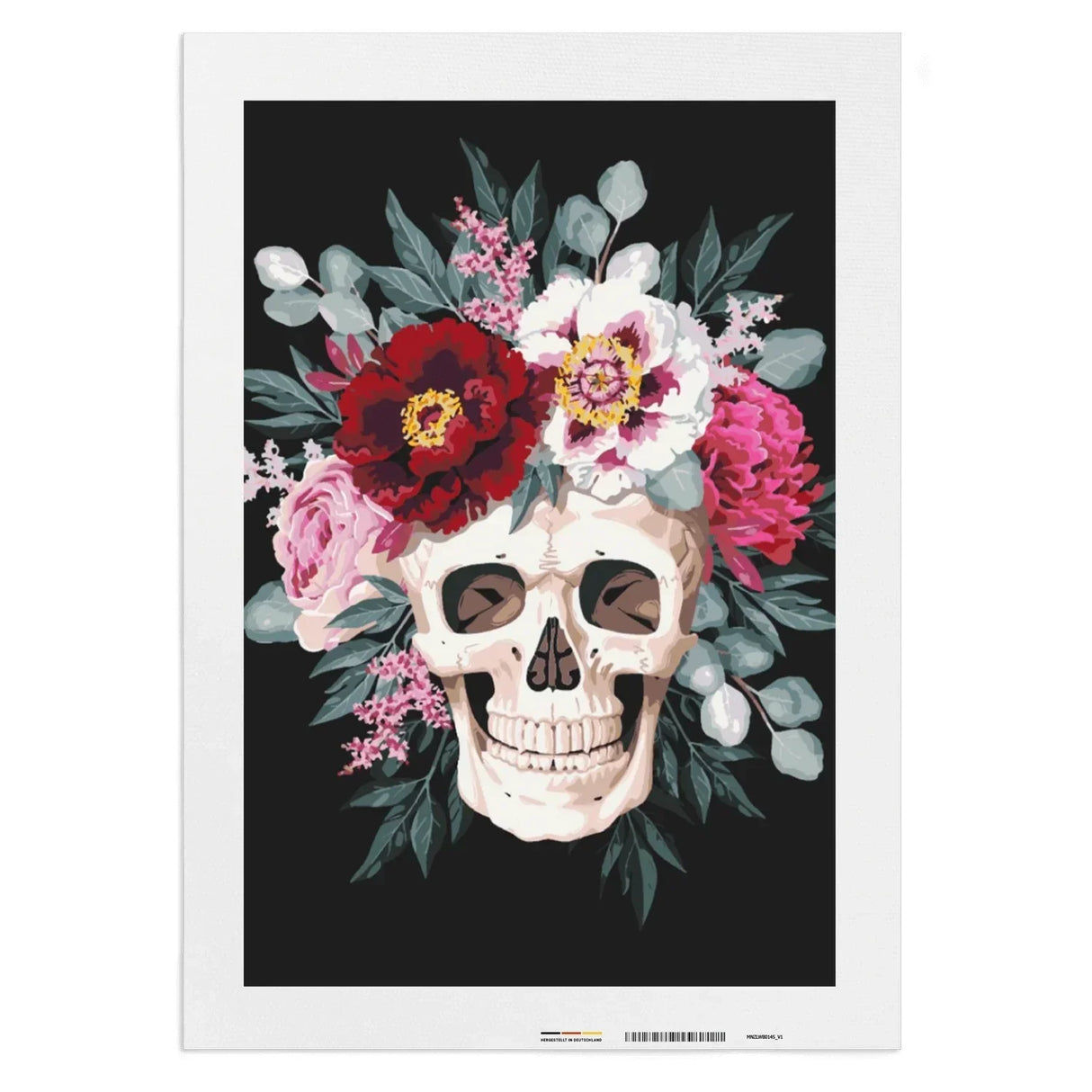 Totenkopf mit Blumenkranz aus roten, rosa und weißen Blüten und grünen Blättern auf schwarzem Hintergrund