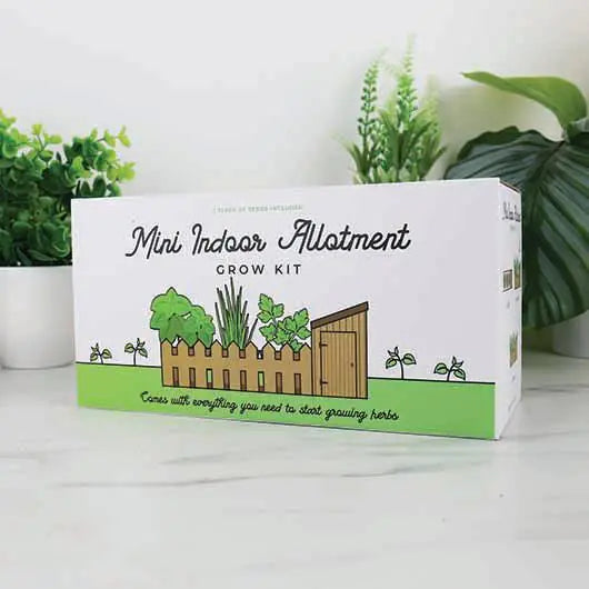 Verpackung des Mini Indoor Allotment Grow Kits mit Illustration des Mini-Schrebergartens