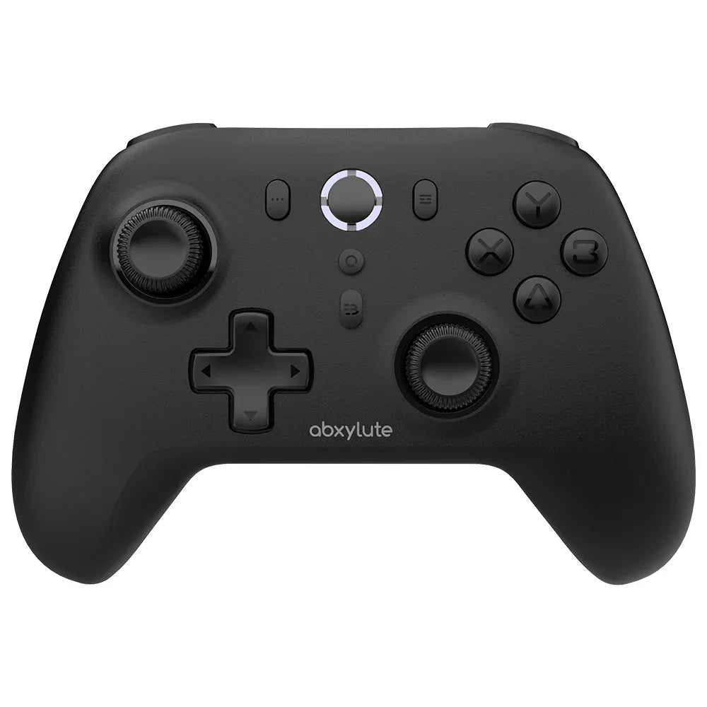 Frontansicht des abxylute C6 Wireless Gaming-Controllers in mattem Schwarz mit eingeschaltetem, weiß leuchtendem LED-Ring um die Home-Taste sowie asymmetrischen Daumensticks.