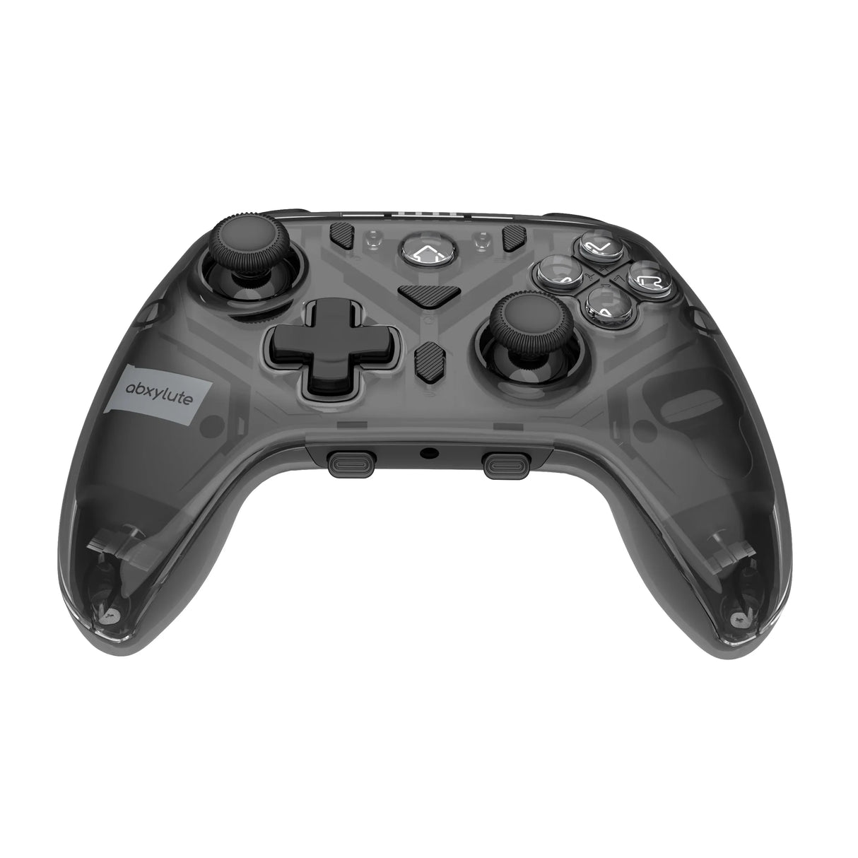Leicht angewinkelte Frontansicht des abxylute C8 Wireless Controllers für Nintendo Switch, PC und Mobile, mit gut sichtbaren, transparenten Aktionstasten.