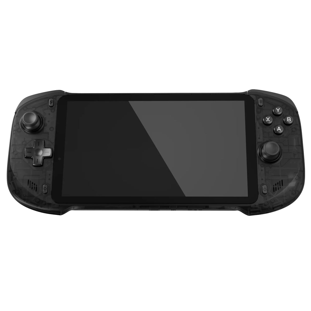 Frontansicht der abxylute One Pro Android-Gaming-Handheld-Konsole in transparentem Schwarz mit asymmetrischen Thumbsticks, Steuerkreuz und ABXY-Tasten bei ausgeschaltetem Bildschirm.