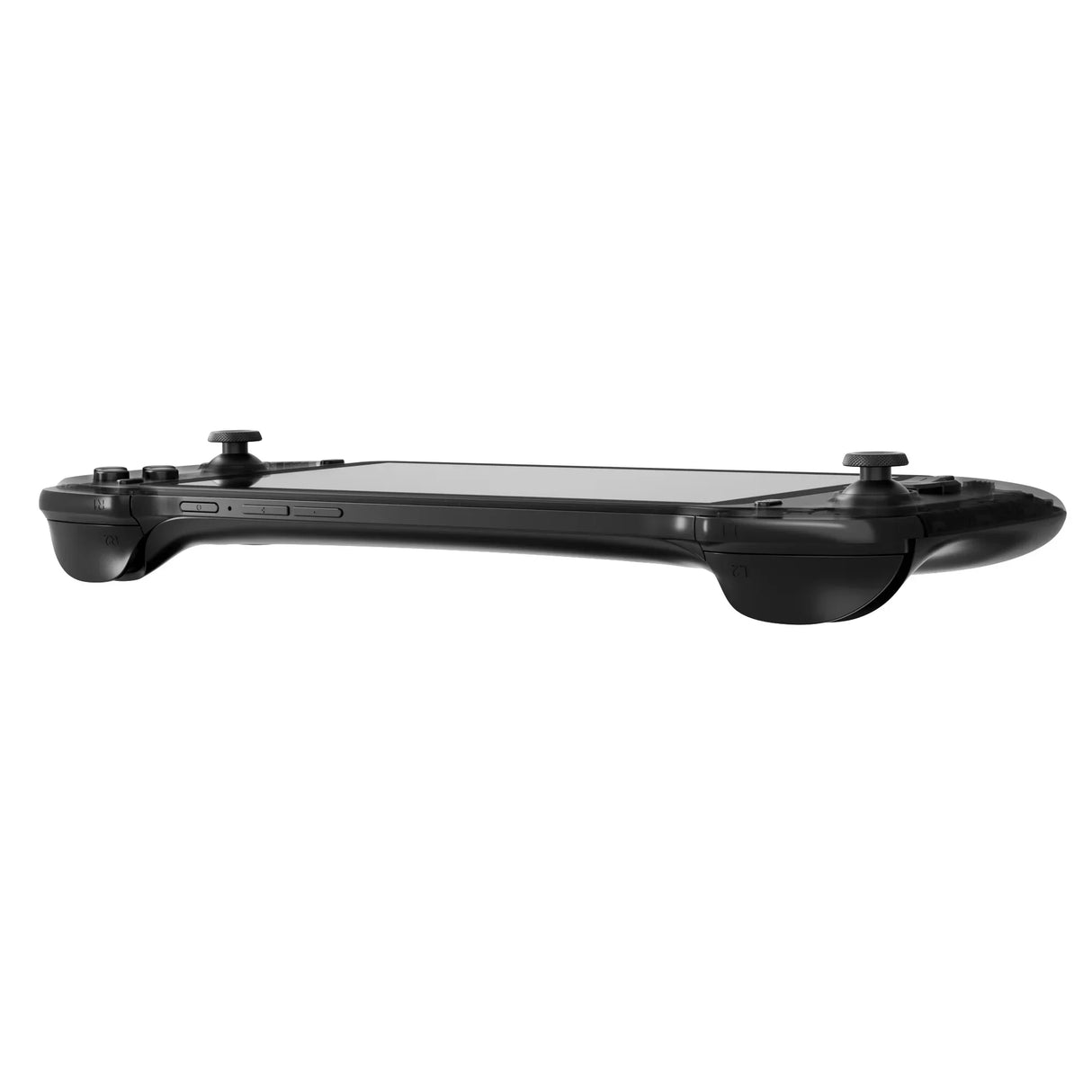 Schlanke Profilansicht der abxylute One Pro Handheld-Konsole von oben, die das flache, ergonomische Design und die hervorstehenden Analogsticks zeigt.