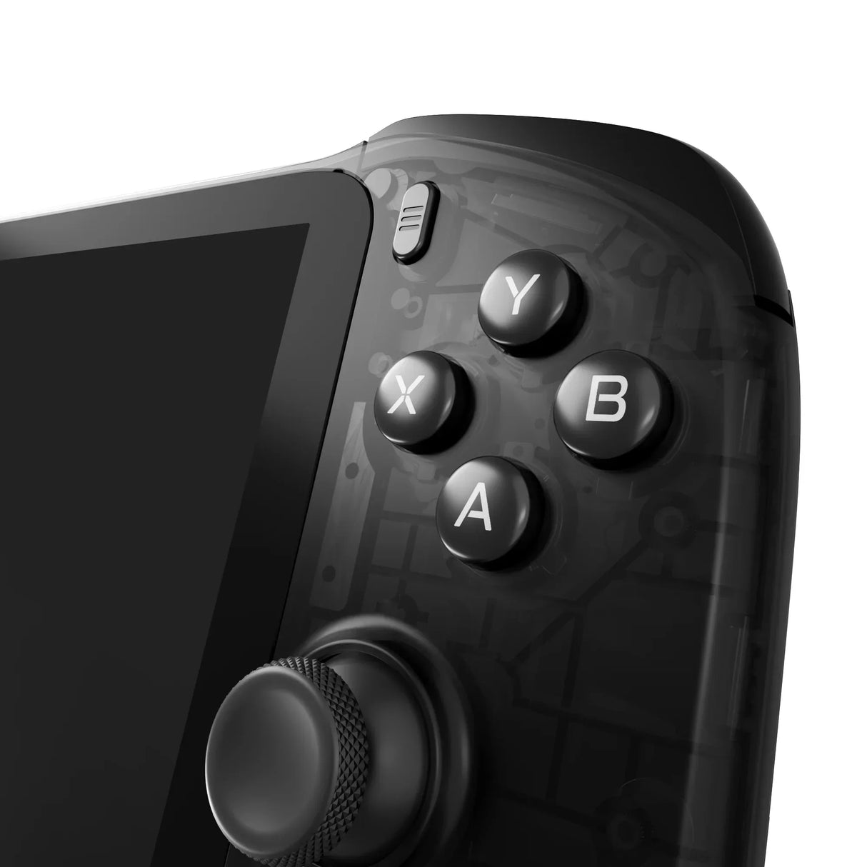 Nahaufnahme der rechten Seite des abxylute One Pro Handhelds mit Fokus auf die ABXY-Aktionstasten, den unteren Daumenstick und das transparente Gehäuse mit sichtbarer Elektronik.