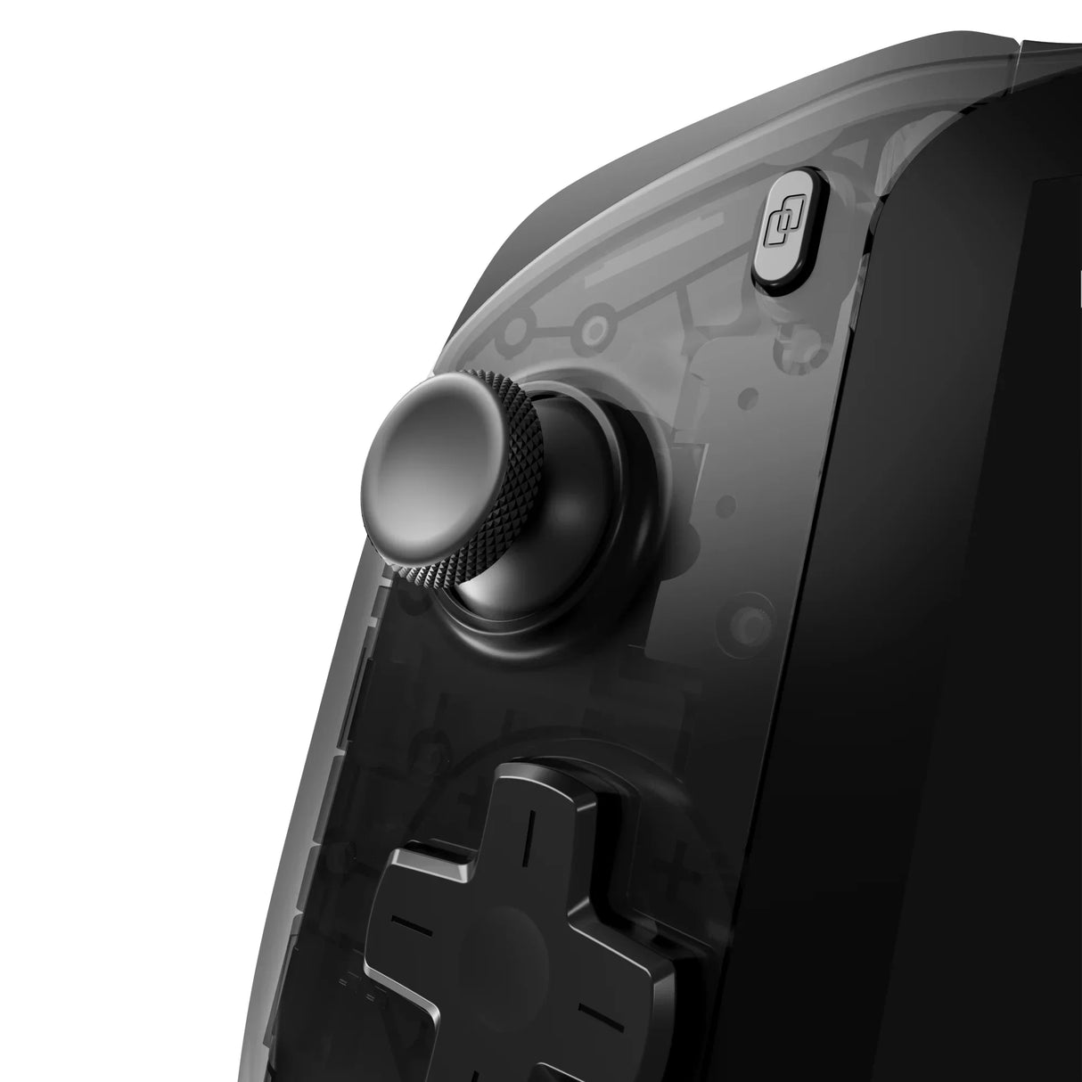Nahaufnahme der linken Seite des abxylute One Pro Gaming-Handhelds mit strukturiertem Analogstick, D-Pad (Steuerkreuz) und dem halbtransparenten, rauchschwarzen Gehäuse.