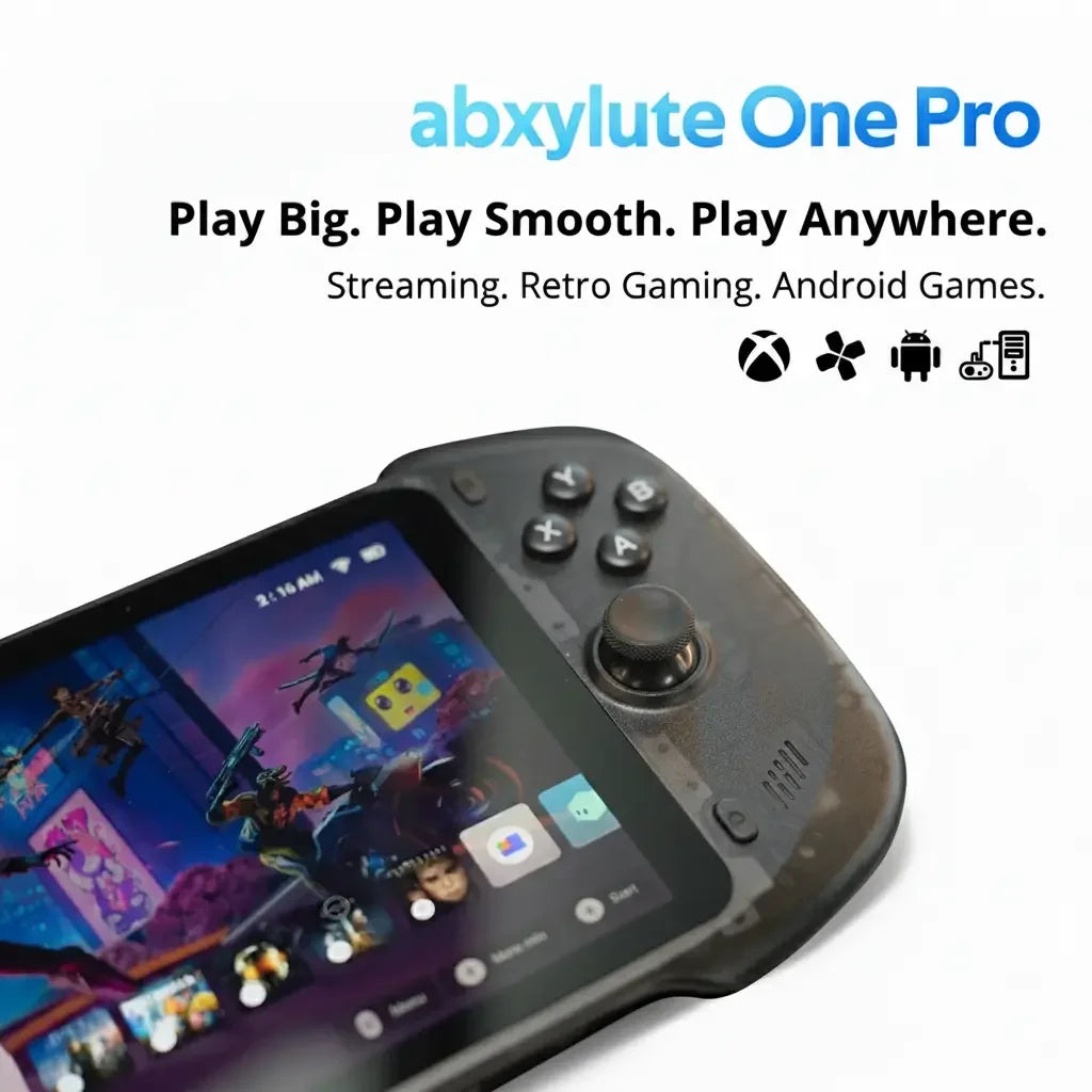abxylute One Pro Werbebild mit dem Slogan „Play Big. Play Smooth. Play Anywhere.“ für Streaming, Retro-Gaming und Android-Spiele, inklusive eingeschaltetem Display.