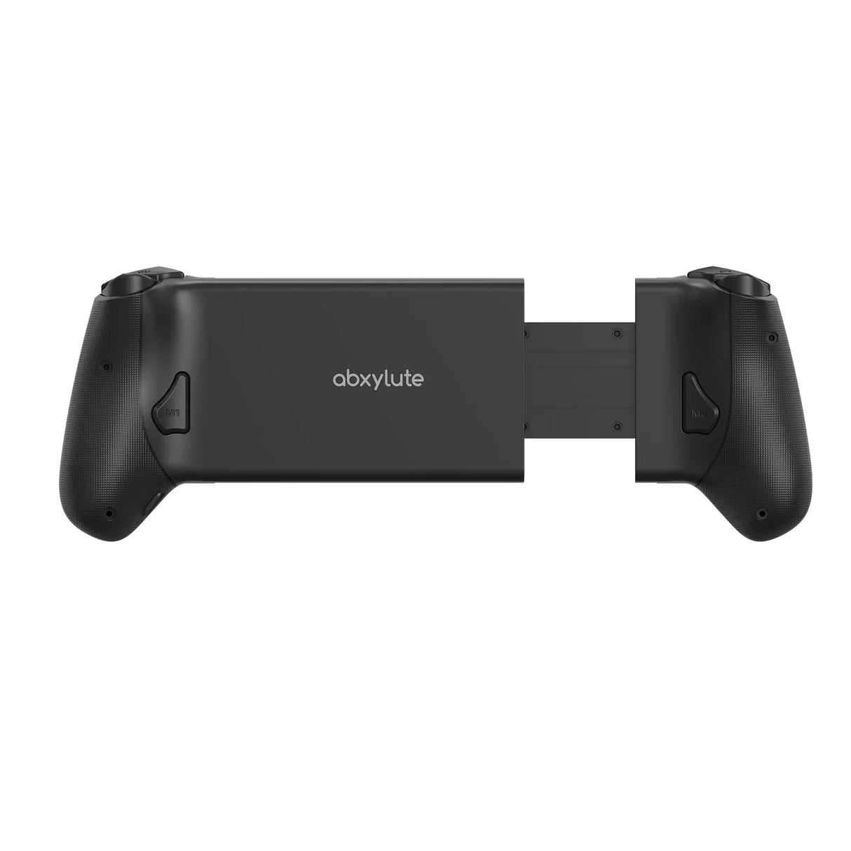 Rückansicht des ausgetreckten abxylute S8 Controllers in Schwarz mit dem abxylute-Logo auf der Rückseite und den programmierbaren M1- und M2-Zusatztasten an den ergonomischen Griffen.