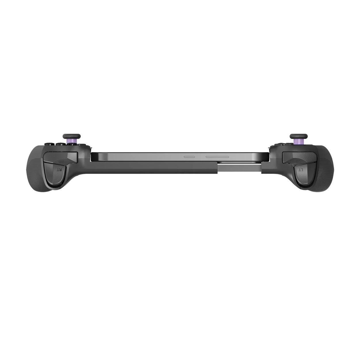 Profilansicht von oben auf den abxylute S8 Controller mit eingesetztem Smartphone, zeigt die flache Bauweise, die lila Akzente an den Sticks sowie die L1-, L2-, R1- und R2-Schultertasten.