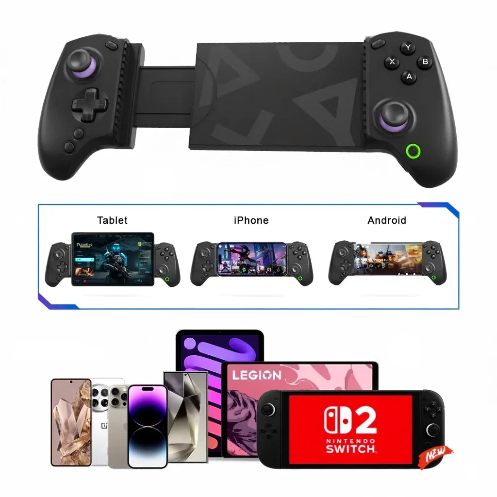 Produkt- und Kompatibilitätsübersicht des abxylute S8 Gaming-Controllers, die die Nutzung mit Tablets, iPhones und Android-Smartphones sowie verschiedenen Mobilgeräten zeigt.