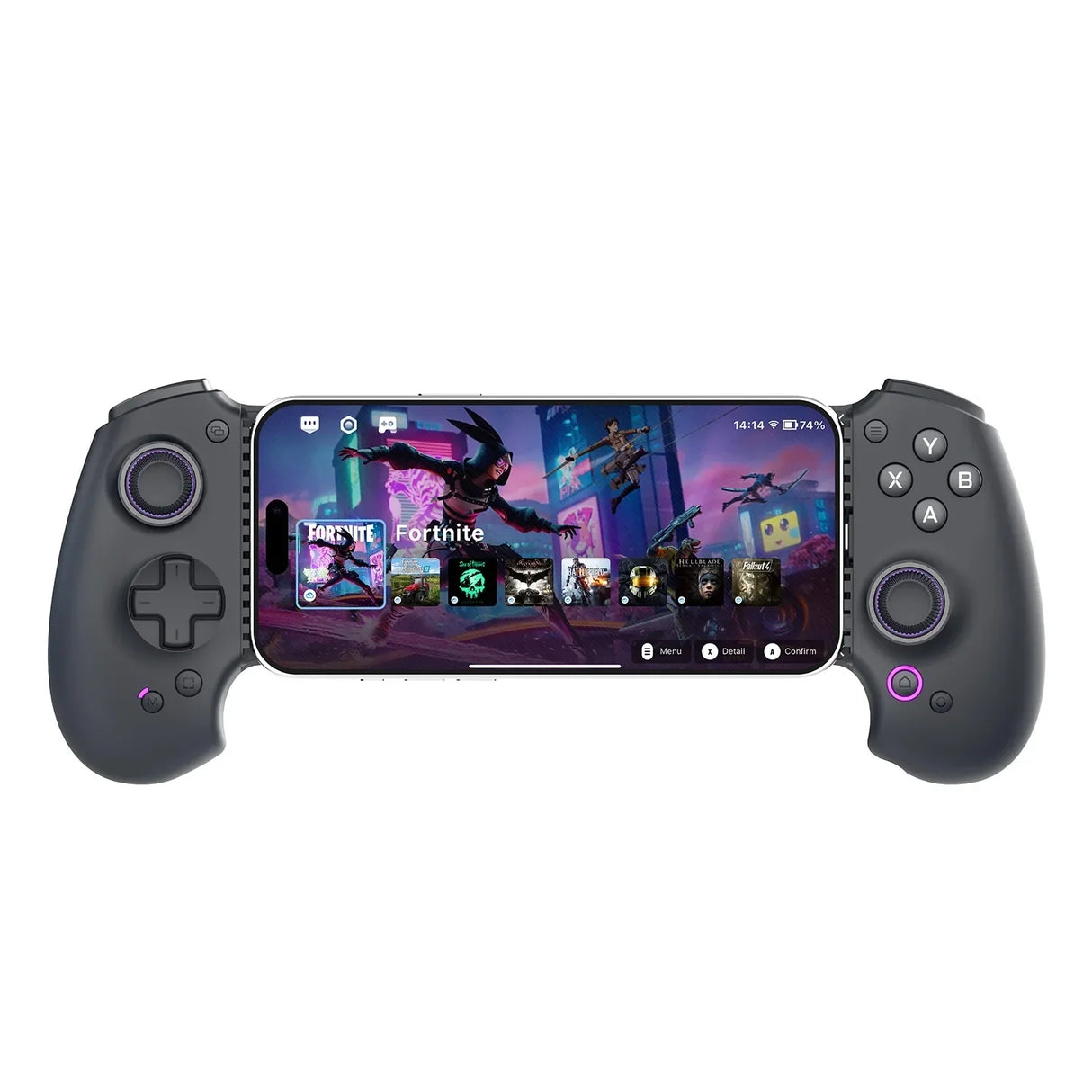 Frontansicht des abxylute S9 Controllers mit eingelegtem iPhone, auf dem das Spiel Fortnite läuft, mit Fokus auf die Tastenanordnung und die RGB-beleuchteten Daumensticks.