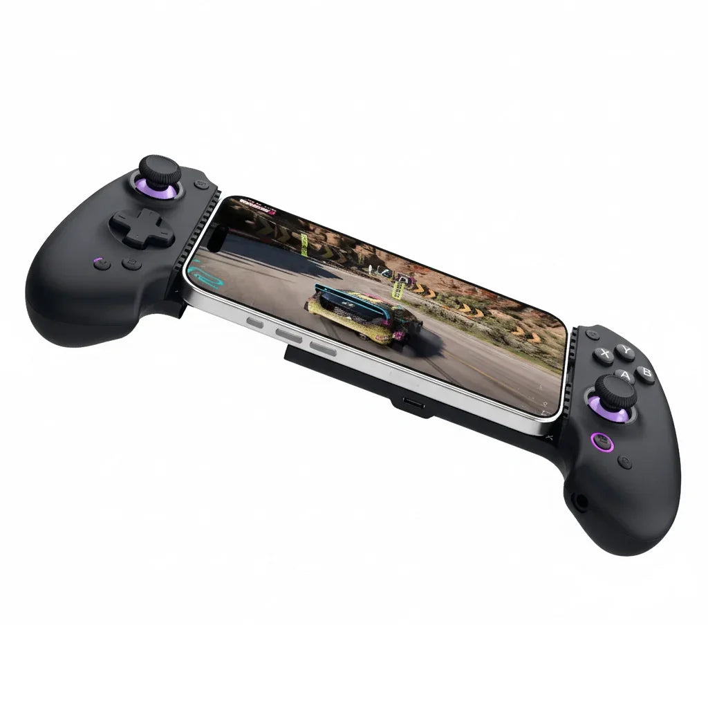 Perspektivische Ansicht des abxylute S9 Gaming-Controllers von schräg oben mit einem Smartphone, auf dem ein Rennspiel läuft, zur Demonstration der Ergonomie.