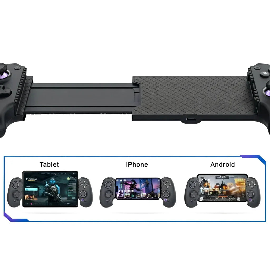 Produktgrafik des abxylute S9 Controllers, die die verstellbare Auszieh-Funktion sowie die Kompatibilität mit Tablets, iPhones und Android-Geräten zeigt.