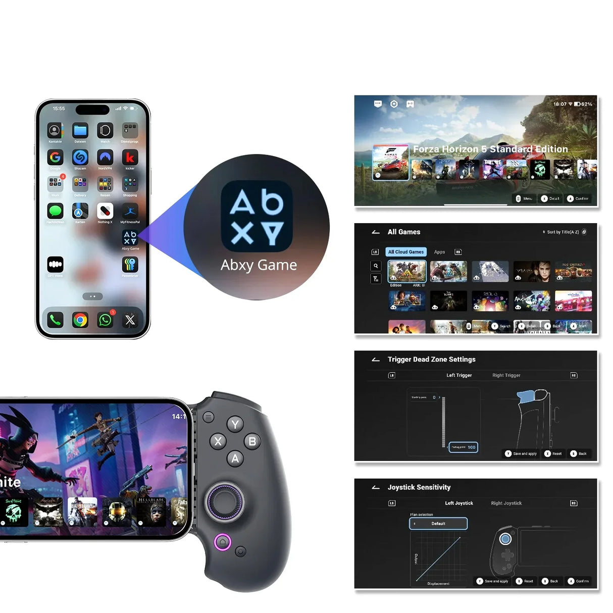 Infografik zur Abxy Game App für den abxylute S9 Controller mit Bildschirmmenüs für Spieleauswahl, Trigger-Totzonen-Einstellungen und Joystick-Empfindlichkeit.