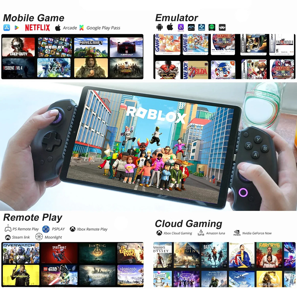 Übersichtsgrafik zum abxylute S9 Controller im Einsatz mit einem Tablet beim Spielen von Roblox, umgeben von Logos für Mobile Games, Emulatoren, Remote Play und Cloud Gaming.