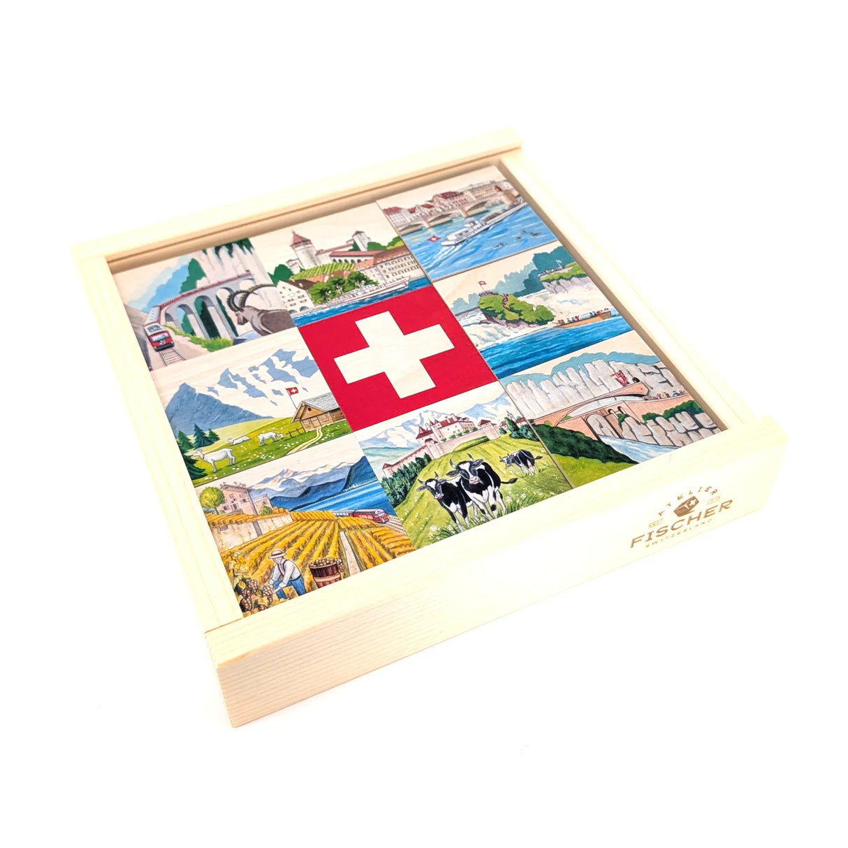 Holzpuzzle mit Schweizer Flagge und neun Bildern von Schweizer Landschaften