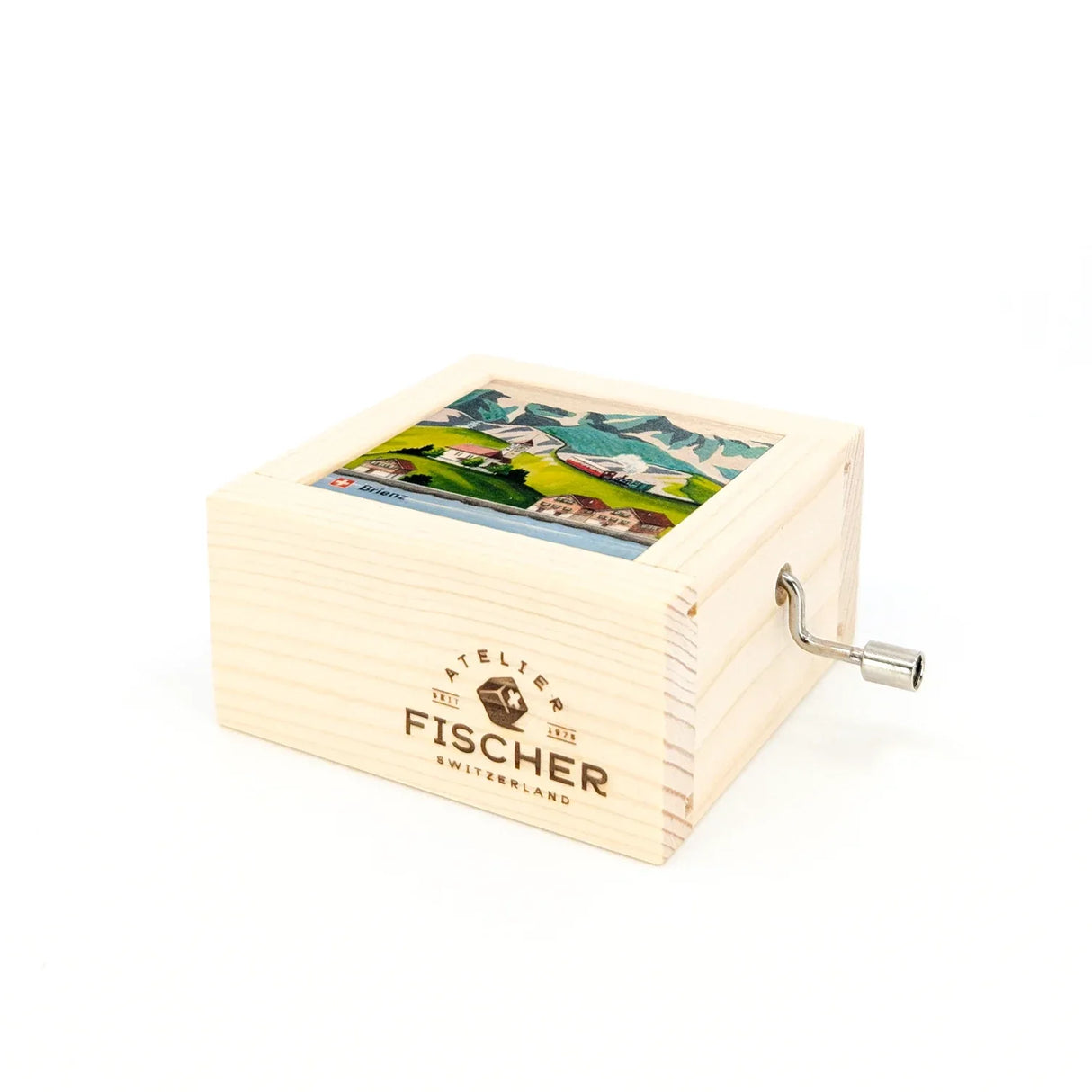 Holzspieldose mit Brienz-Motiv und Kurbel