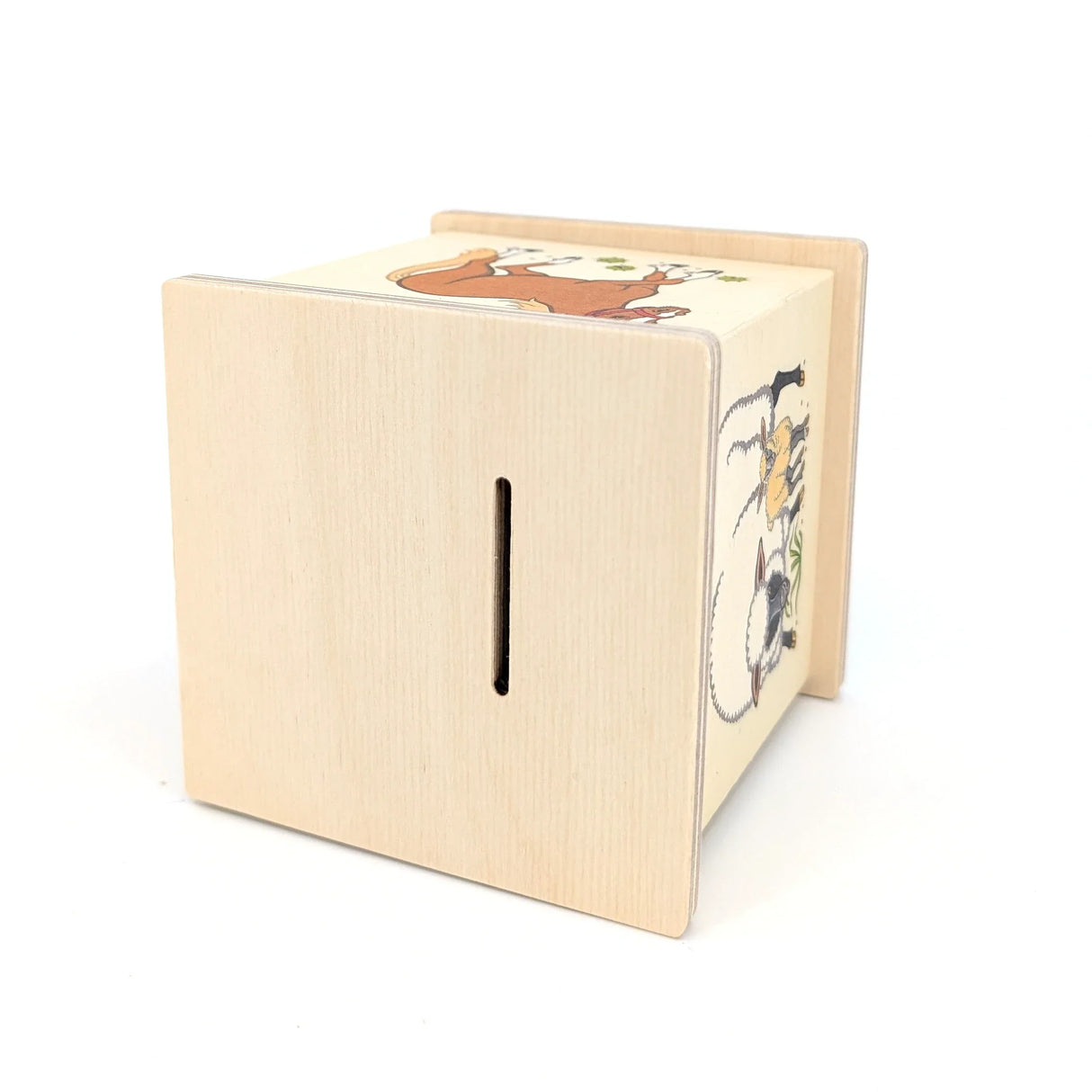 Holzspardose mit Tiermotiven und Geldschlitz