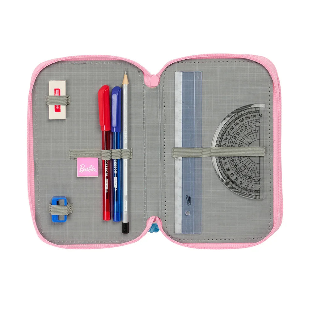 Offenes pinkes Federmäppchen mit Stiften, Bleistift, Radiergummi, Lineal und Winkelmesser