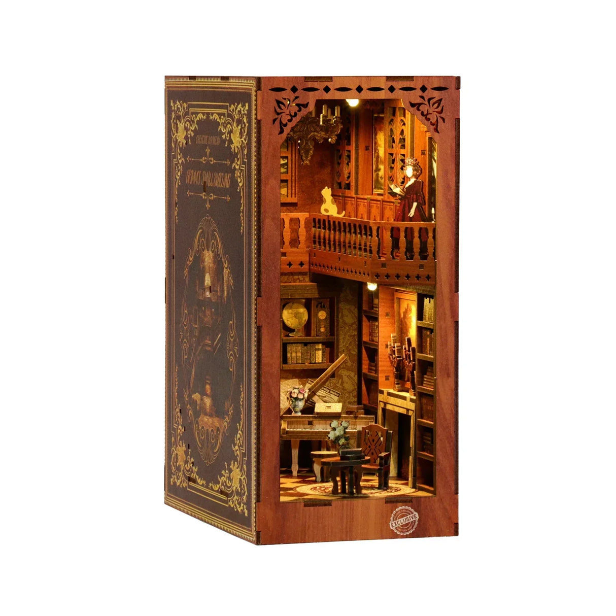 Miniatur-Bücherregal-Einsatz mit zwei Etagen, gefüllt mit Büchern, Möbeln und kleinen Figuren
