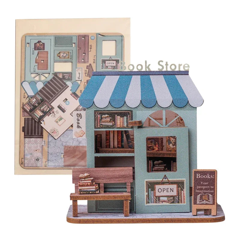 Miniatur-Buchladen-Modellbausatz mit blauer Markise und Bank