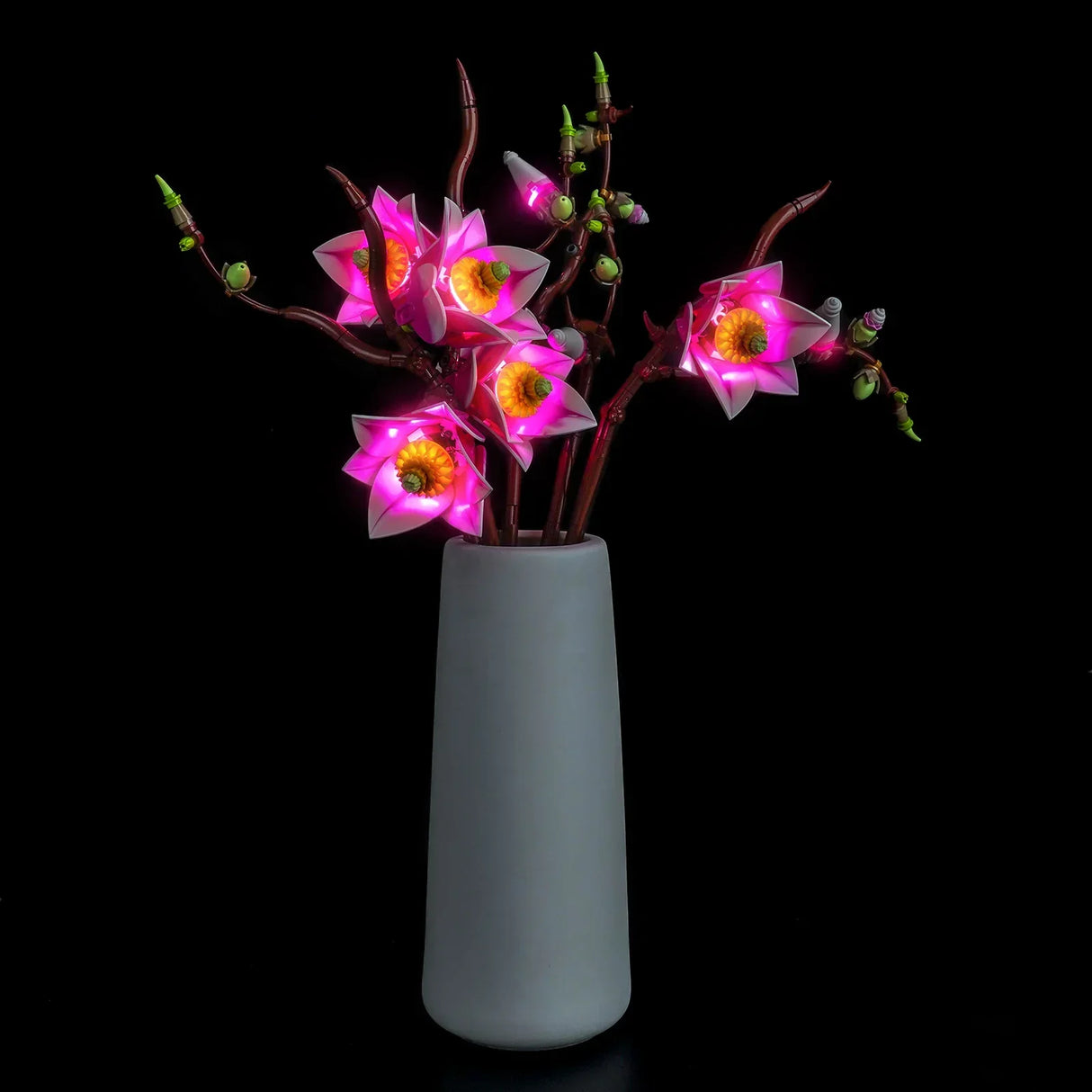 Das LEGO Botanicals Magnolien-Set dekorativ beleuchtet mit einem farbintensiven LED-Lichtkit bei Nacht.