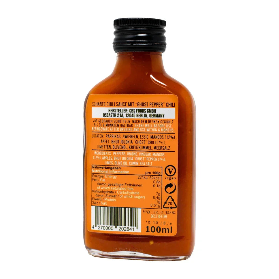 Scharfe Chilisauce mit Ghost Pepper Chili, 100ml Flasche mit Nährwertangaben und Zutatenliste