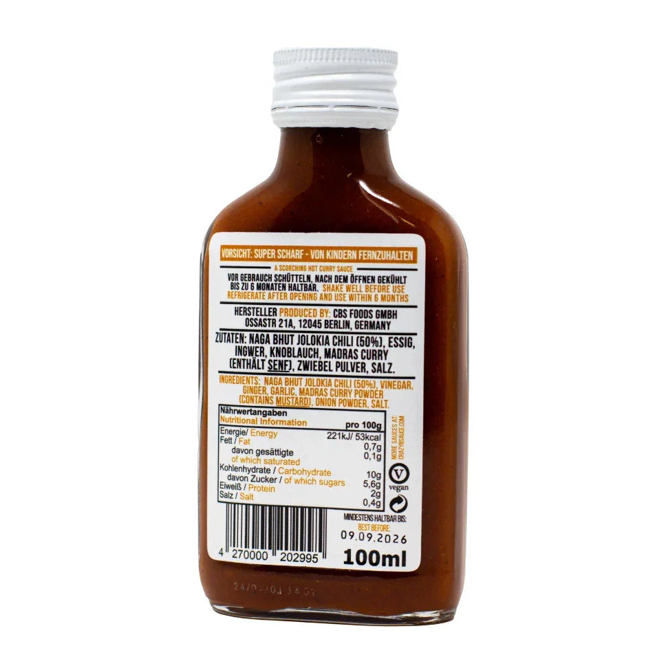 Rückseite einer Flasche Crazy Bastard Super Hot Curry Sauce mit Zutaten und Nährwertangaben