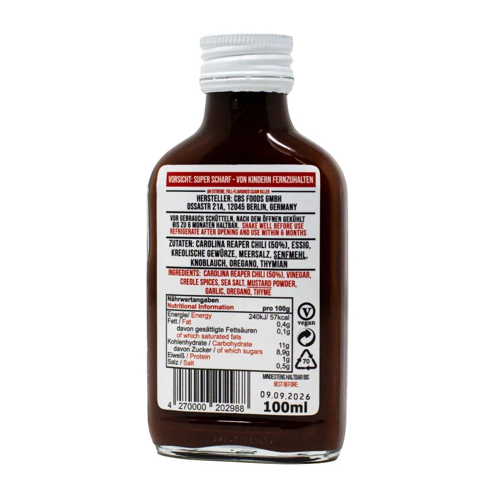 Rückseite einer Flasche Carolina Reaper Chili Sauce mit Nährwertangaben und Zutatenliste