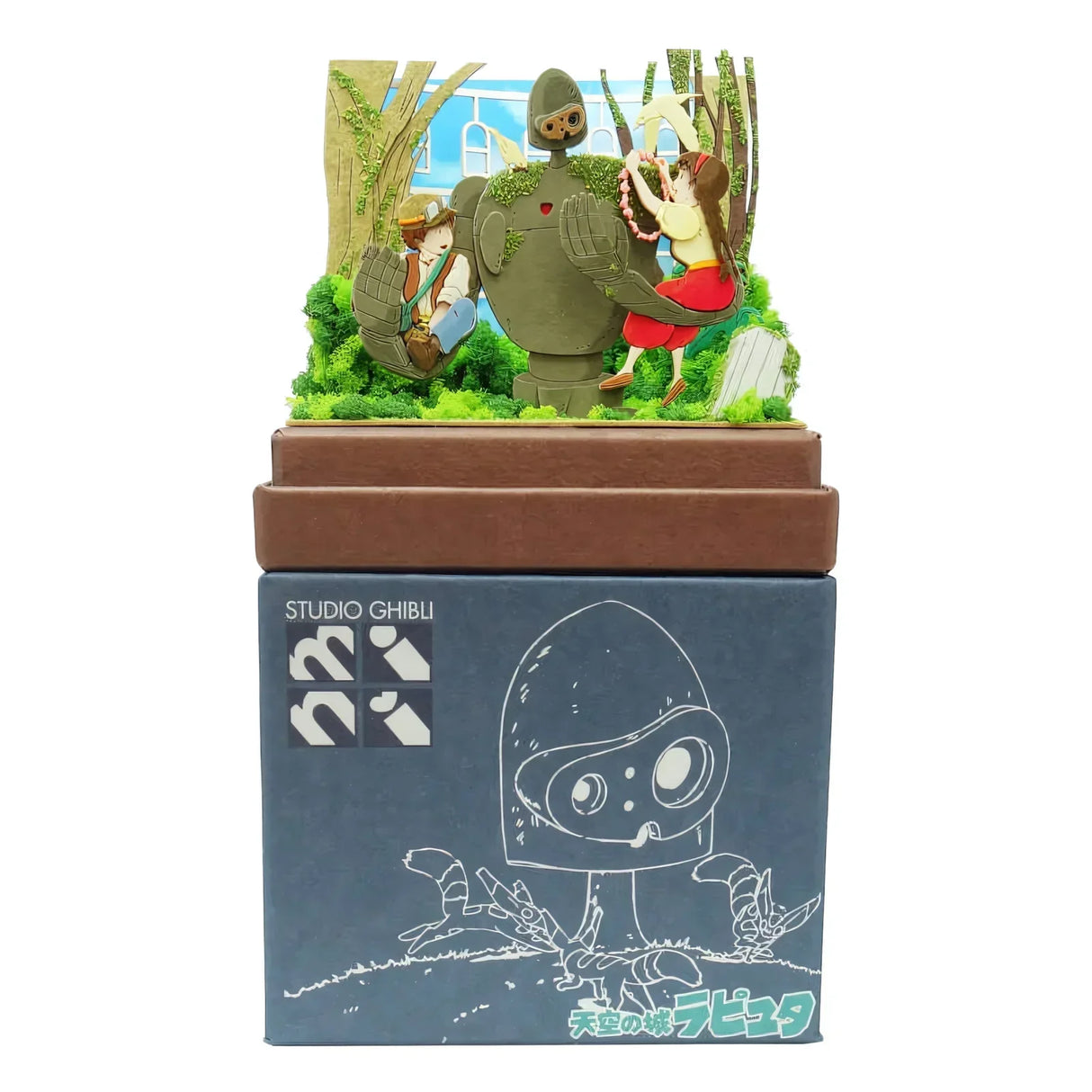 Studio Ghibli Laputa Roboter Soldat Diorama mit Pazu und Sheeta auf einer braunen Basis
