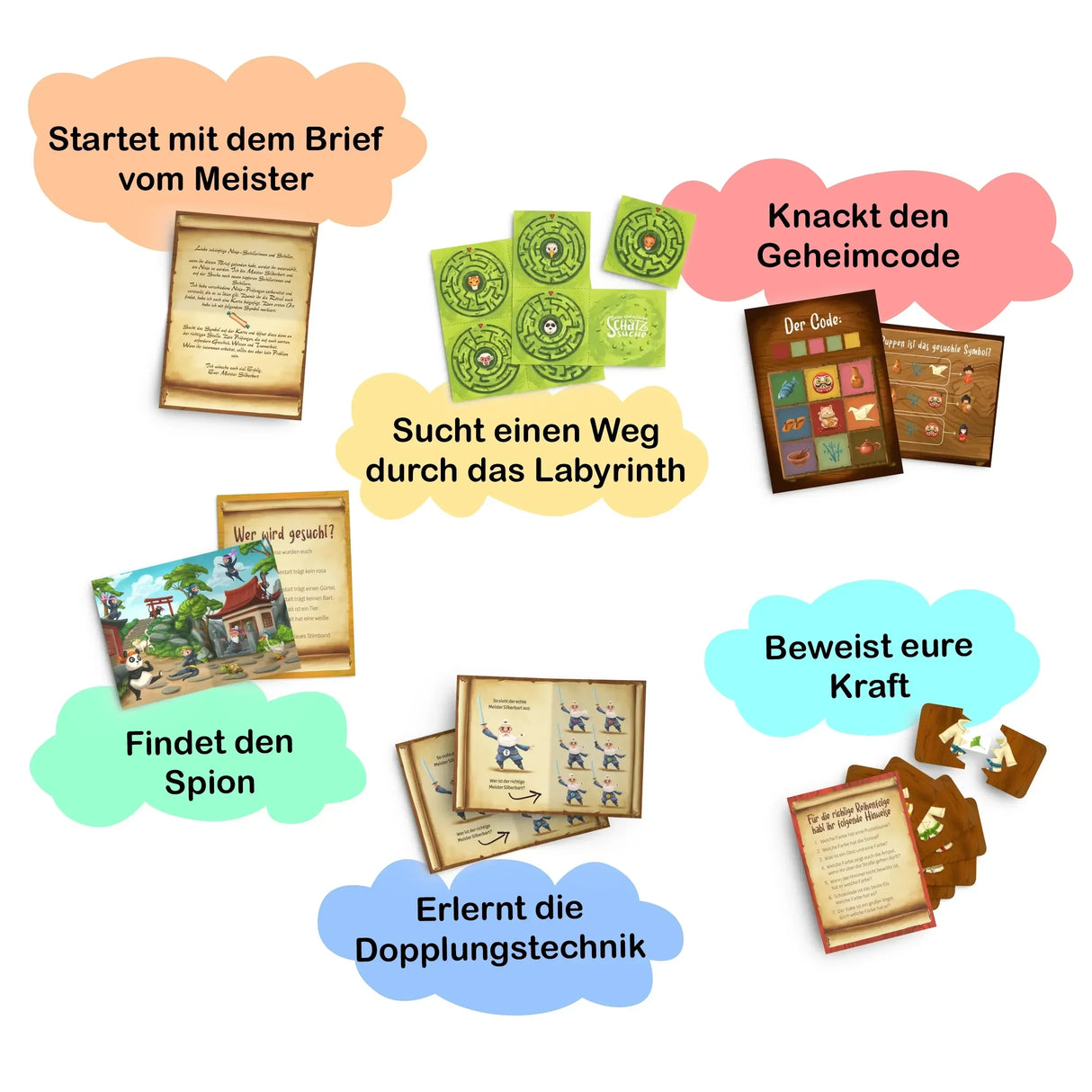 Übersicht der Spielaufgaben: Brief vom Meister, Labyrinth, Geheimcode, Spion finden, Doppelungstechnik, Kraft beweisen