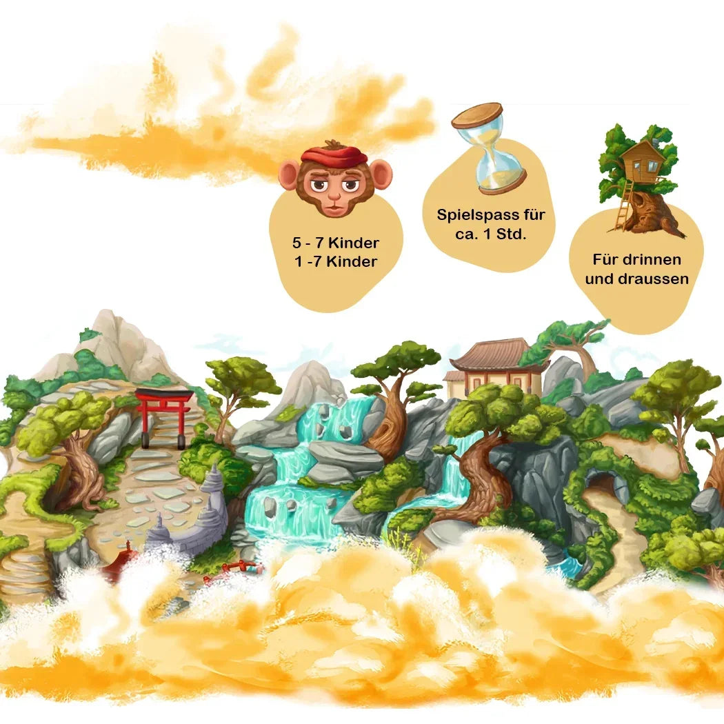 Illustration einer asiatischen Landschaft mit Wasserfall, Affe, Sanduhr und Baumhaus