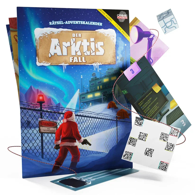 Rätsel-Adventskalender Der Arktis Fall mit Weihnachtsmann, der eine Waffe hält