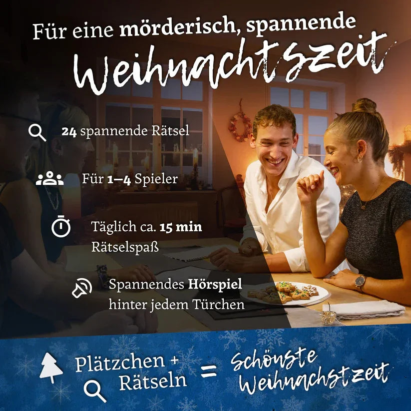Vier Personen spielen ein Weihnachtsrätselspiel, mit Text der die Funktionen des Spiels beschreibt