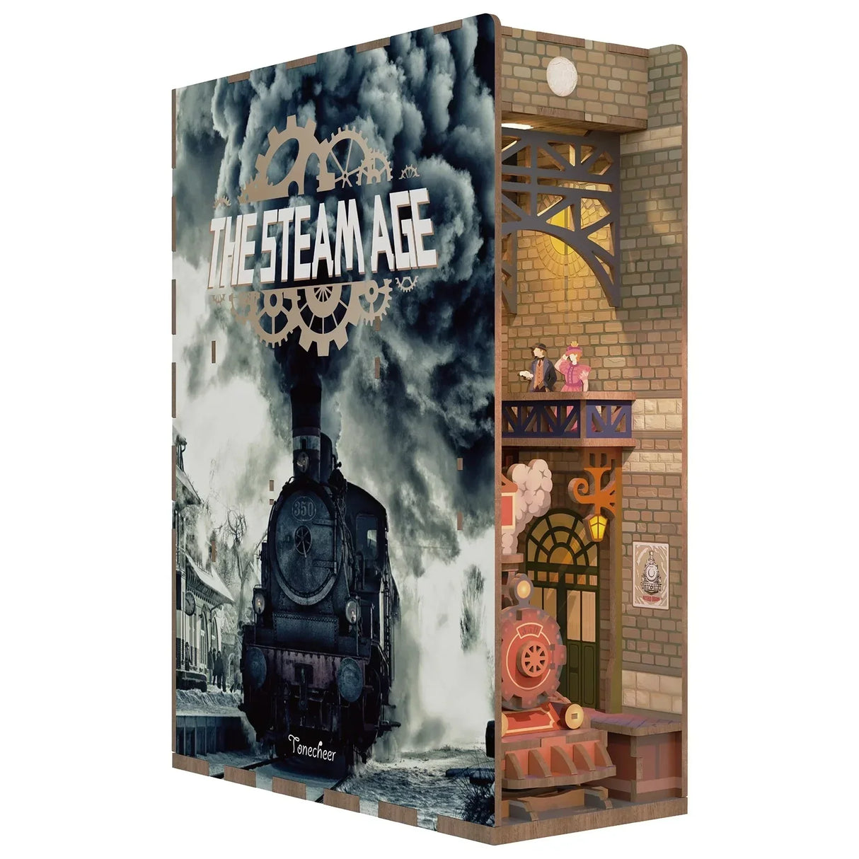 Diorama eines Bücherregaleinsatzes mit einer Dampflokomotive und einem Bahnhof im Steampunk-Stil
