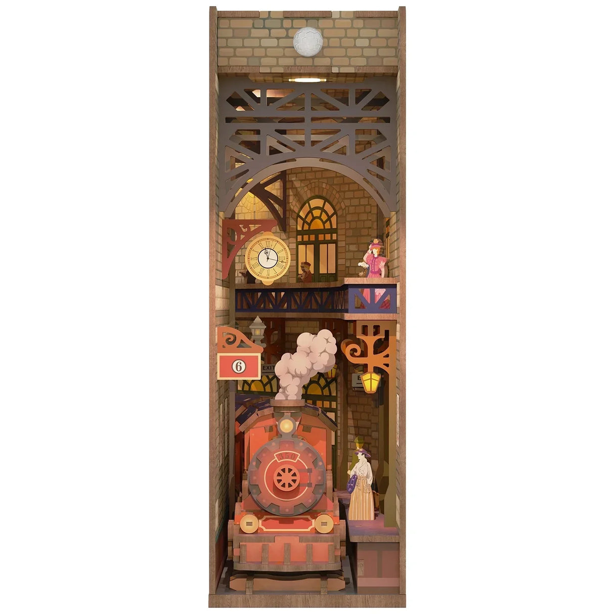 Diorama einer Bahnhofsszene mit Zug, Uhr und Figuren
