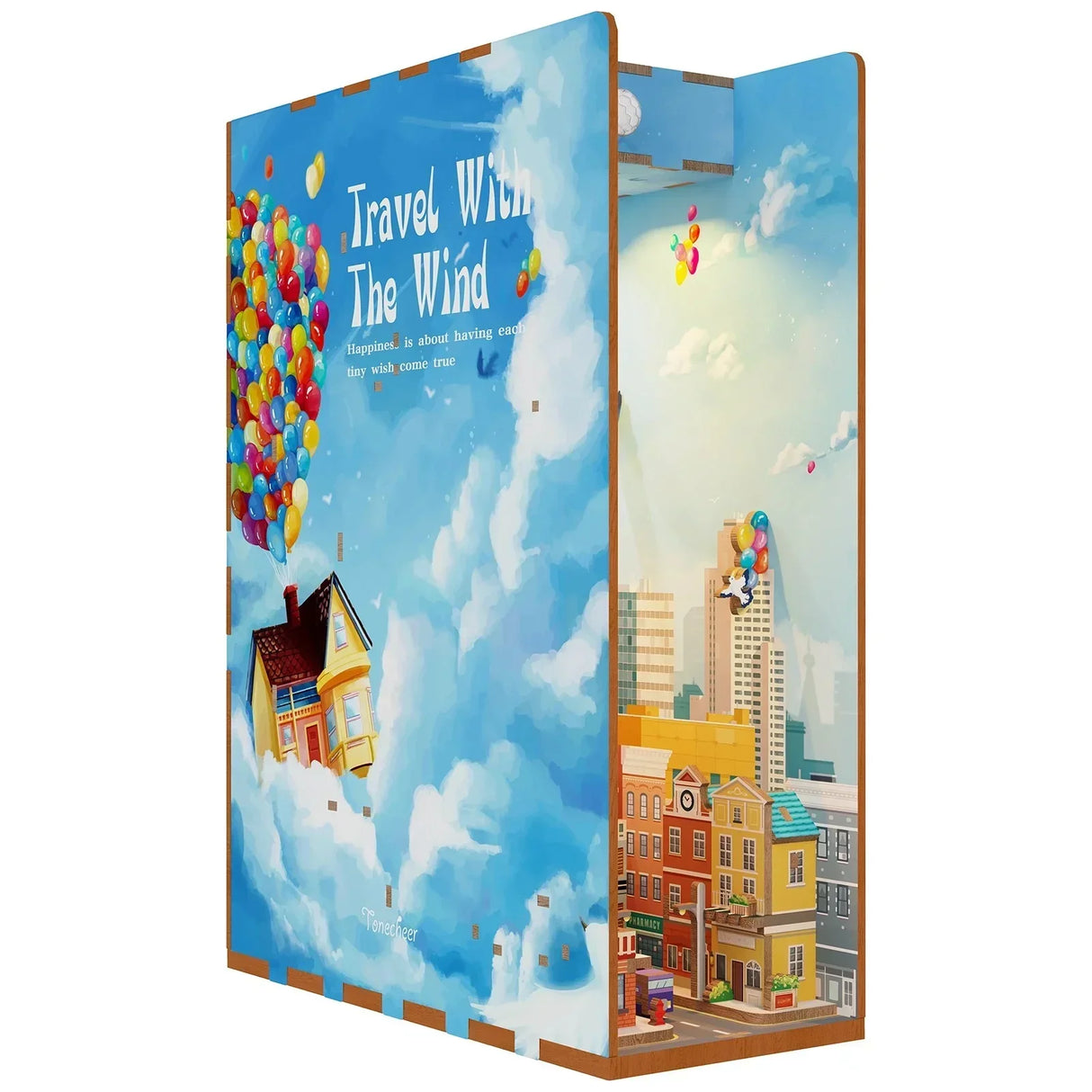 Ein Buchnook mit einem Haus, das von Ballons in den Himmel gehoben wird, und einer Stadtansicht