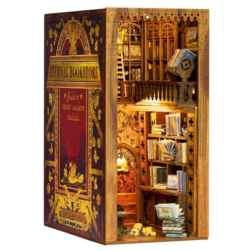 Miniatur-Bücherregal-Diorama mit komplizierten Details und winzigen Büchern