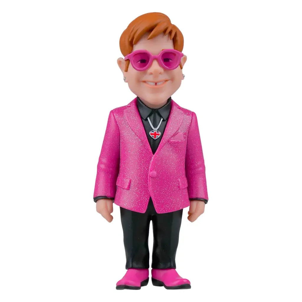 Elton John Wackelkopf-Figur in pinkem Glitzeranzug, schwarzem Hemd, pinker Brille und Union Jack Halskette