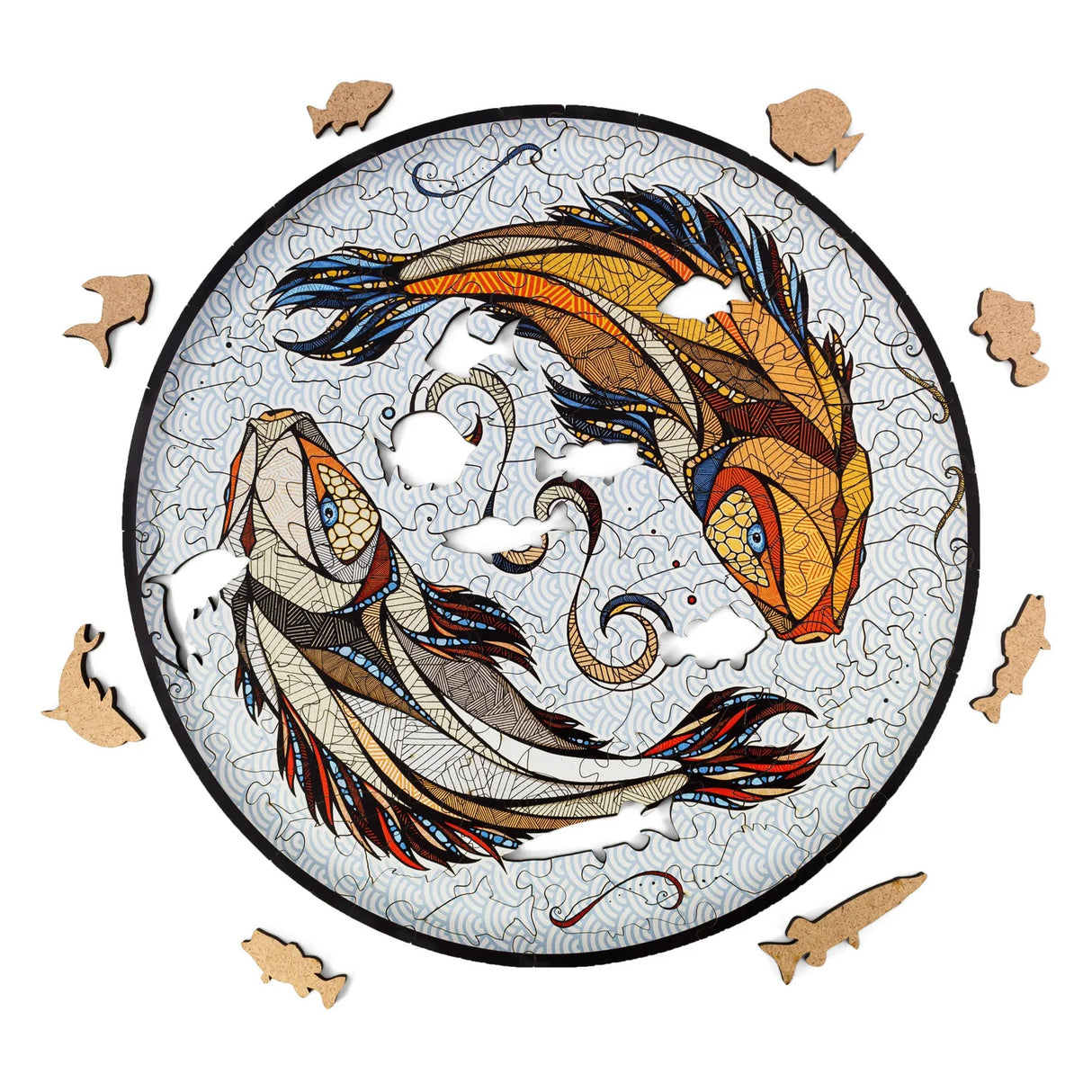 Rundes Puzzle mit zwei Fischen in Gold und Blau, umgeben von kleinen Fisch-Puzzleteilen