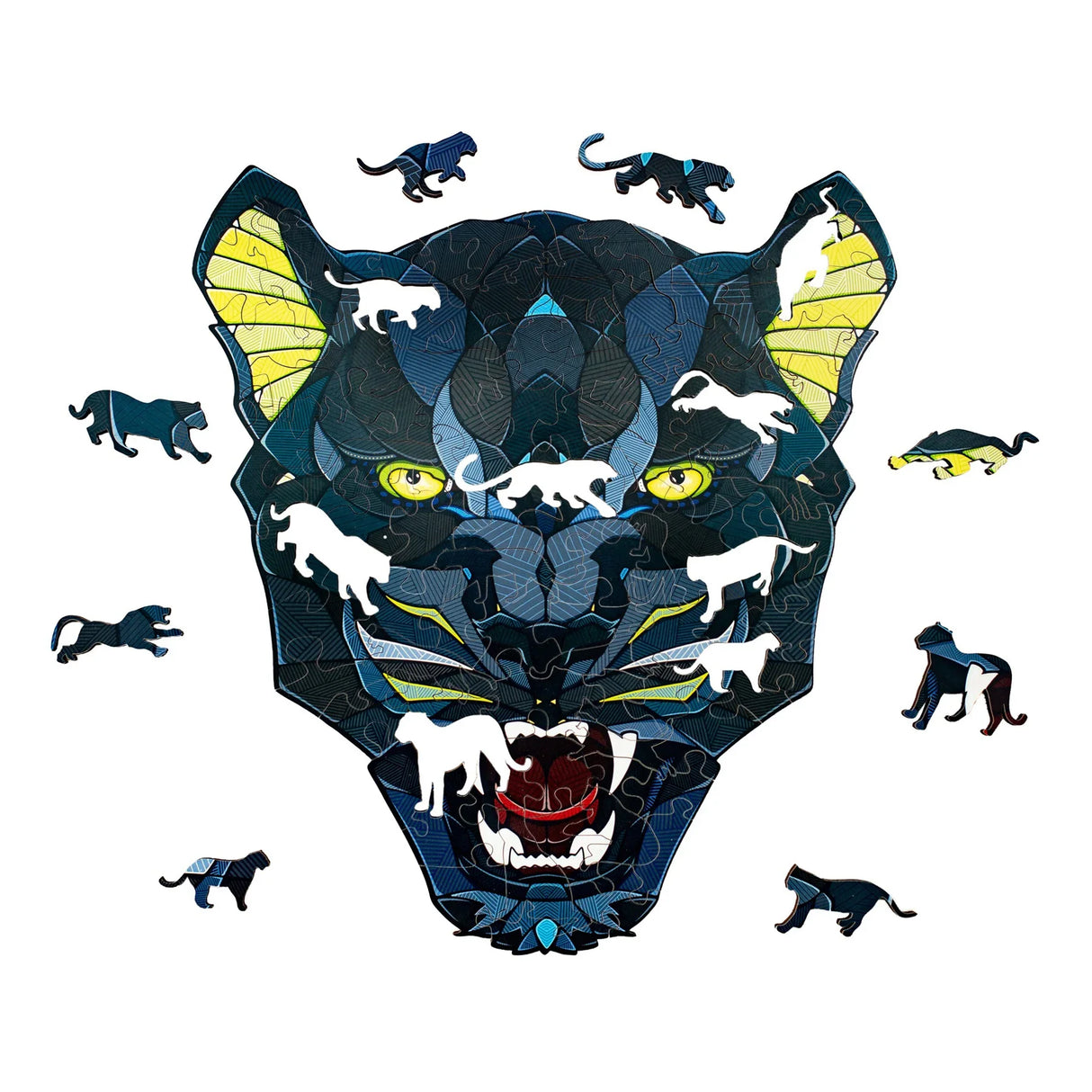 Puzzle in Form eines schwarzen Panthers mit gelben Augen und vielen kleinen Panther-Puzzleteilen