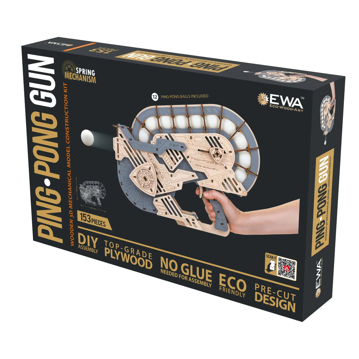 Verpackung des EWA Eco-Wood-Art Ping-Pong-Gewehr Bausatzes mit Federwerk und 12 Bällen