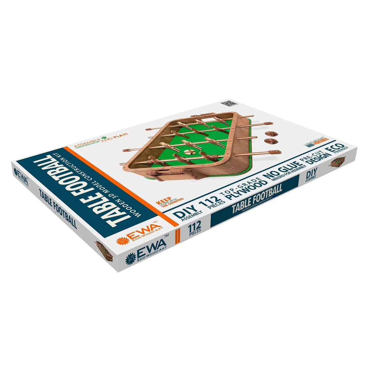 Verpackung eines Tischfußball-Bausatzes aus Holz mit 112 Teilen