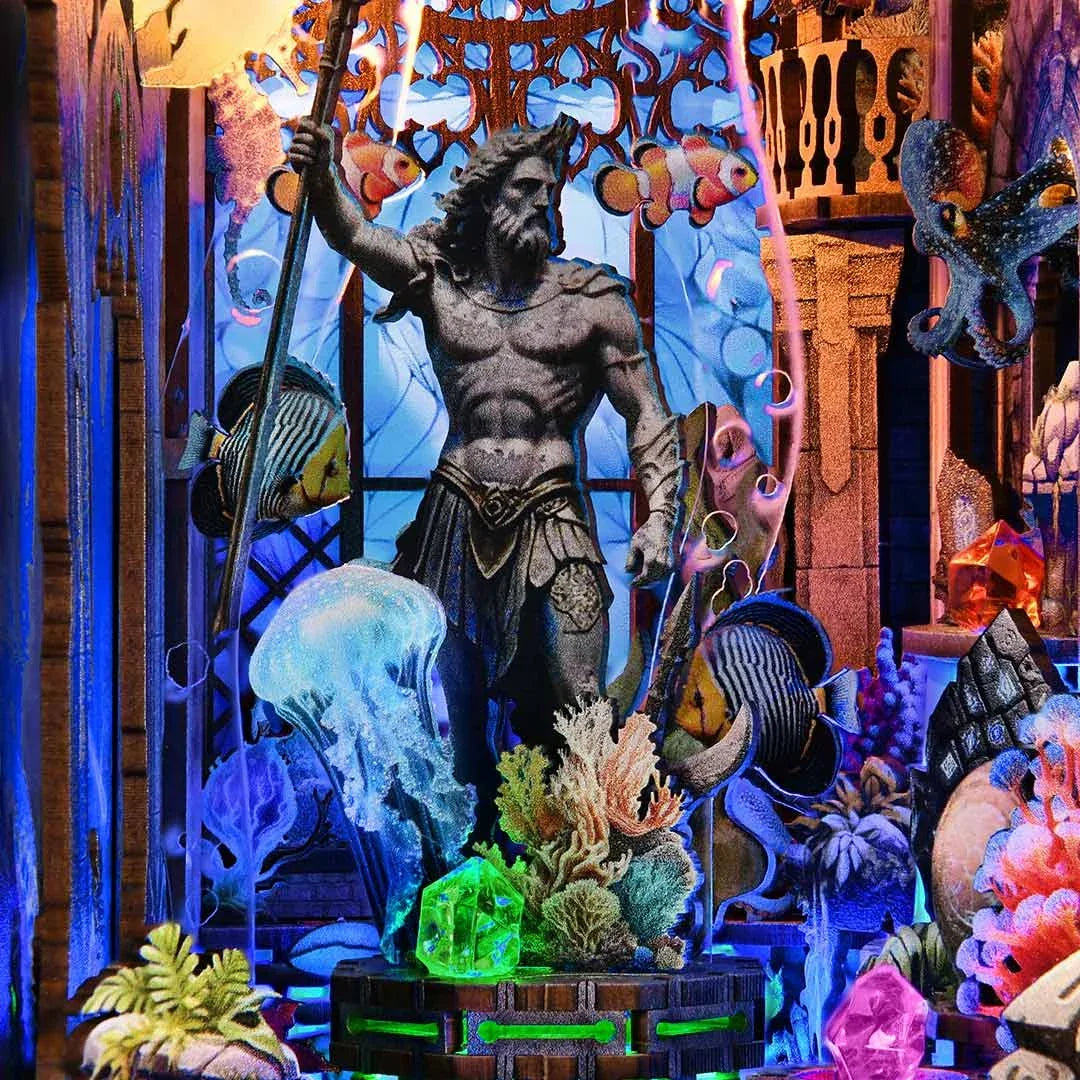 Eine Unterwasserwelt mit einer Poseidon-Statue, umgeben von Fischen, Quallen und Korallen
