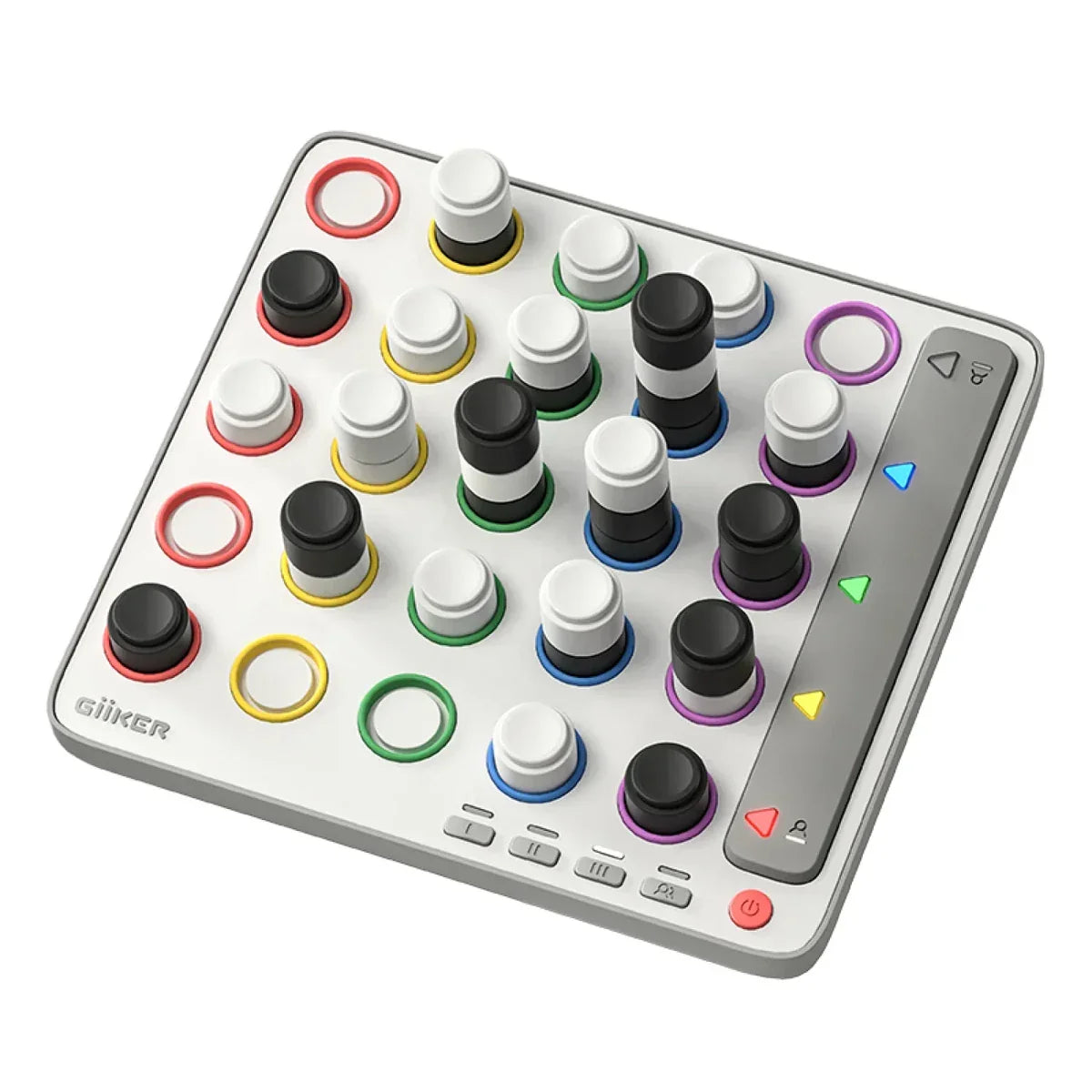 Giiker Super Slide Puzzle mit 18 schwarzen und weißen Blöcken und farbigen Ringen
