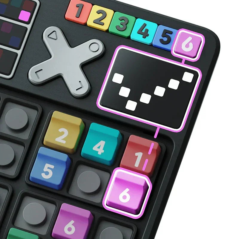 Nahaufnahme eines schwarzen Controllers mit bunten Tasten und einem Display mit weissen Quadraten