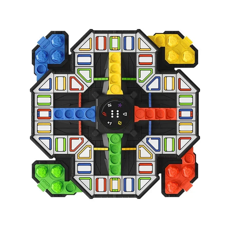 Ludo-Spielbrett mit farbigen Spielfeldern in Blau, Gelb, Grün und Rot