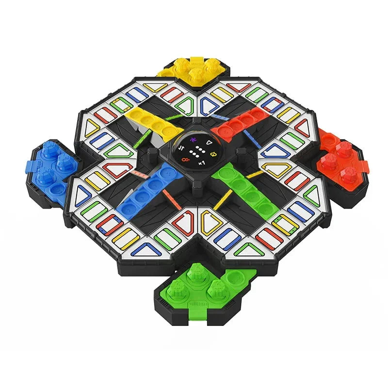 Elektronisches Ludo-Brettspiel mit bunten Spielfeldern und Würfelanzeige in der Mitte