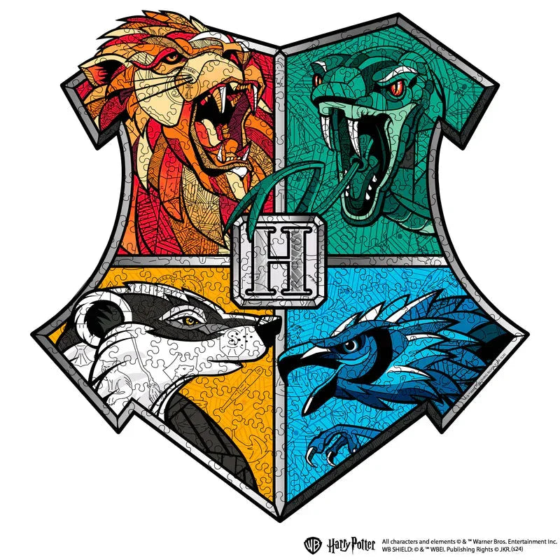 Hogwarts Wappen mit Löwe, Schlange, Dachs und Adler