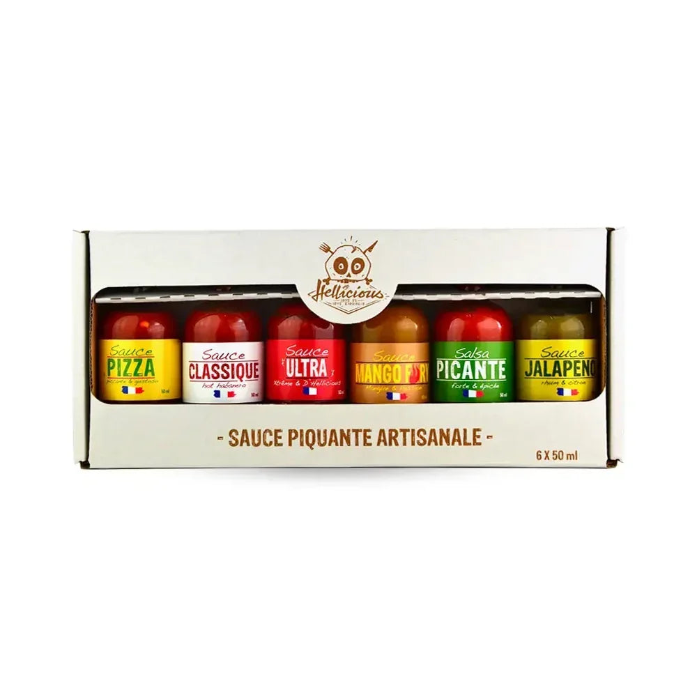 Sechs Flaschen Hellicious Sauce in einer weißen Box