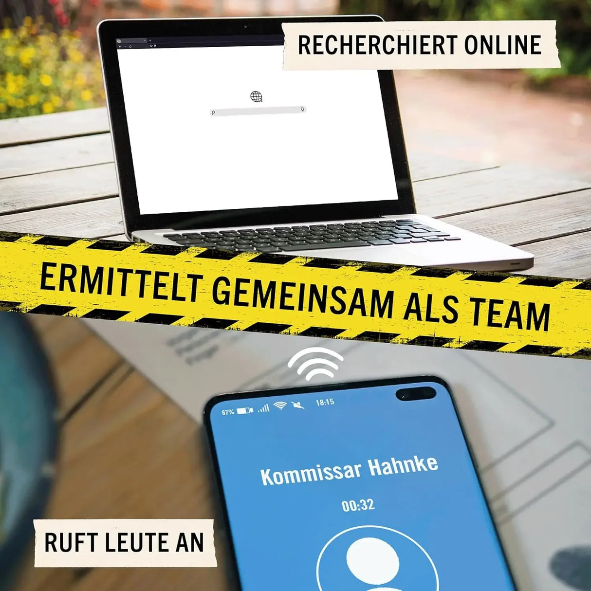 Laptop und Smartphone mit Textfeldern: Online recherchieren, als Team ermitteln, Leute anrufen